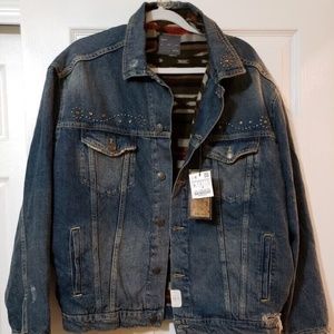 NWT Zara Man Western Studded Trucker Denim Jacket Aztec Fleece Lined L